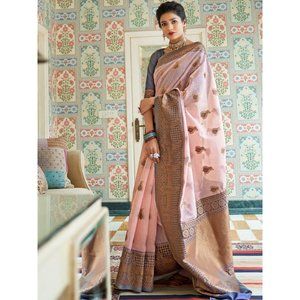 JHEAPS LIGHT PINK LINEN WOVEN DESIGN SAREE